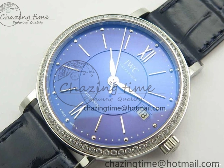 MIROTIME 0210 Fashionable Portofino IW458101 Diamond Bezel SS MK 1:1 Best Edition Blue Dial On Blue Leather Strap MIYOTA 7169